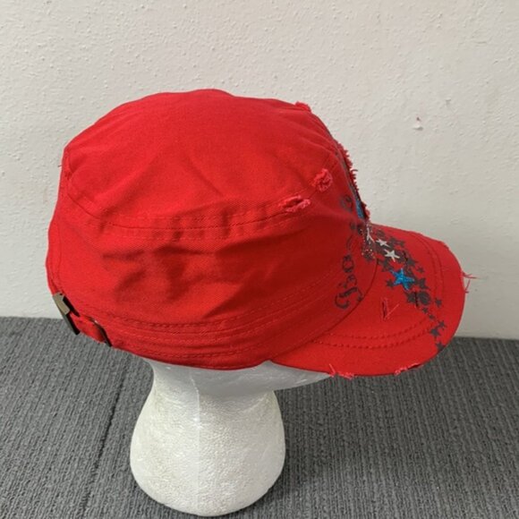 Baseball Cadet Hat Womens OS Red Distressed Embroidered Rhinestone Leader Loga - Picture 9 of 14